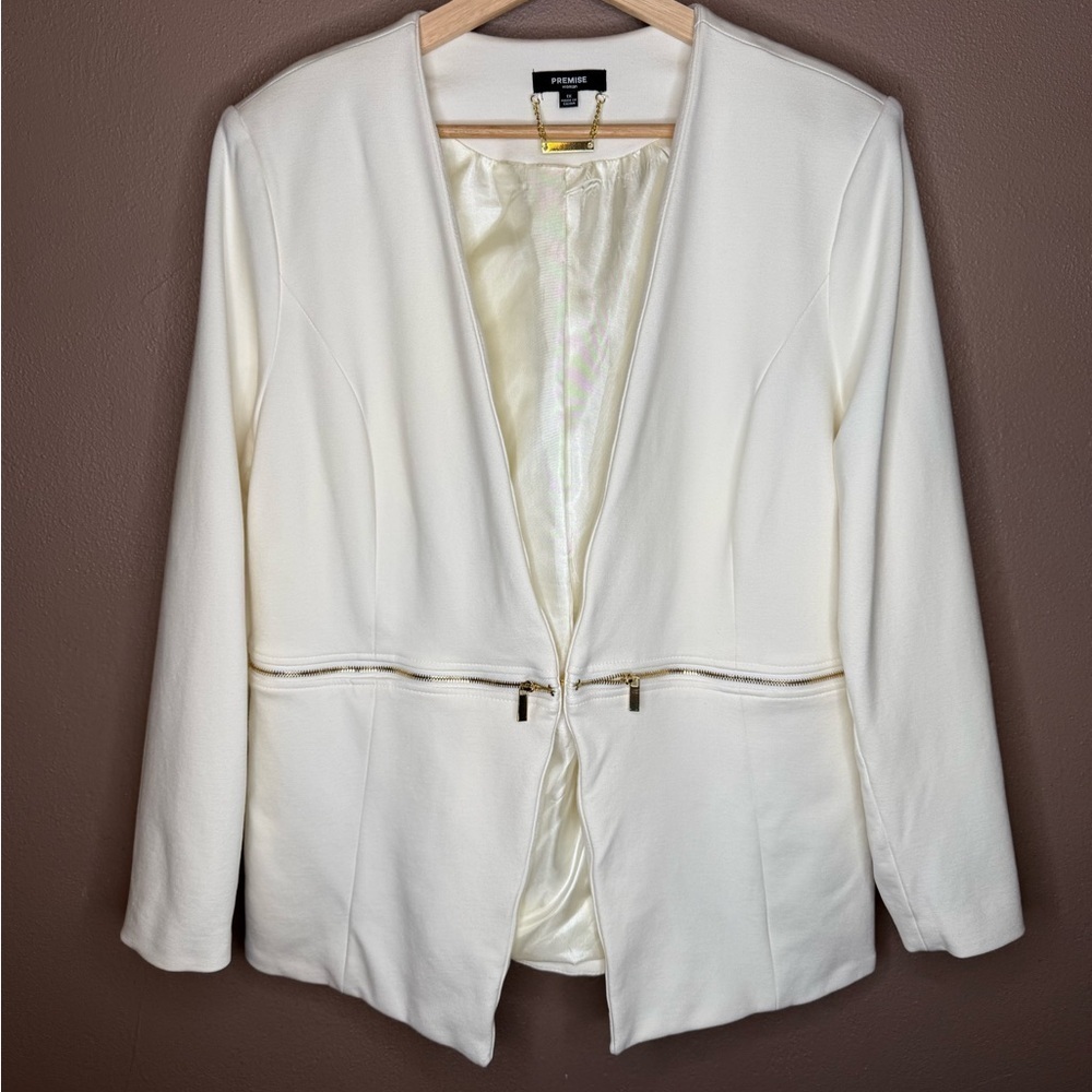 Premise Women's Plus Size 1X Ivory Blazer with Gold Zipper Detail Preppy Luxury